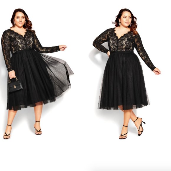 CITY CHIC RARE BEAUTY LONG SLEEVE BLACK/NUDE LACE DRESS sz S/16W - Picture 2 of 5